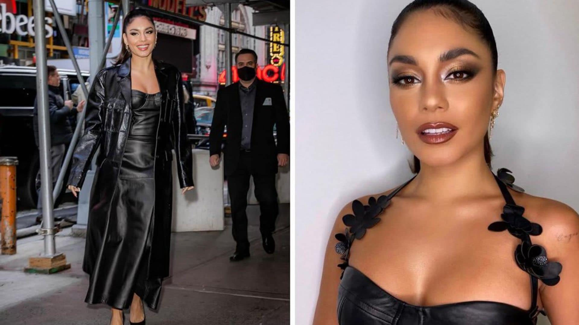 Vanessa Hudgens stunned NYC crowds with sexy black leather dress and coat