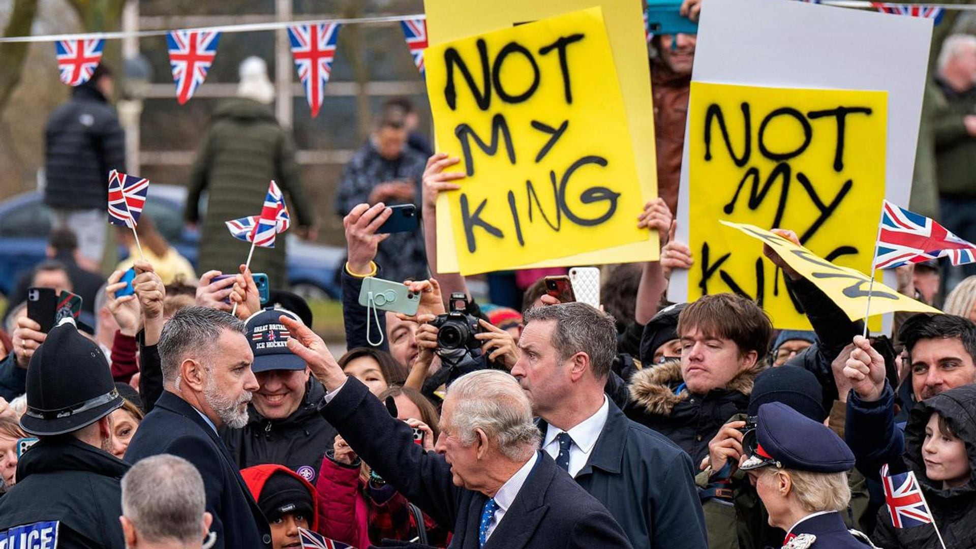 King Charles met with ‘Not My King’ signs in Milton Keynes