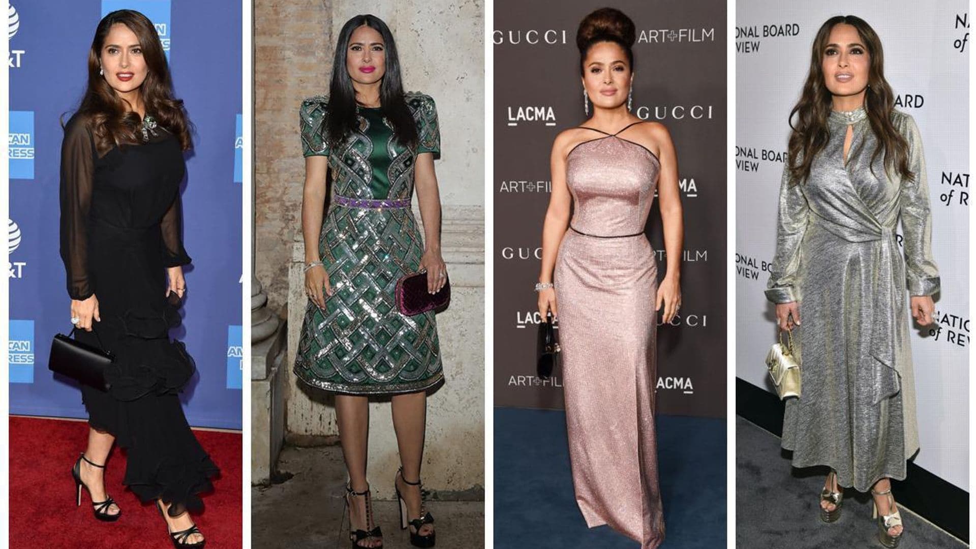 Salma Hayek demonstrates that necklines and shine are on your side when it comes to elongating your figure