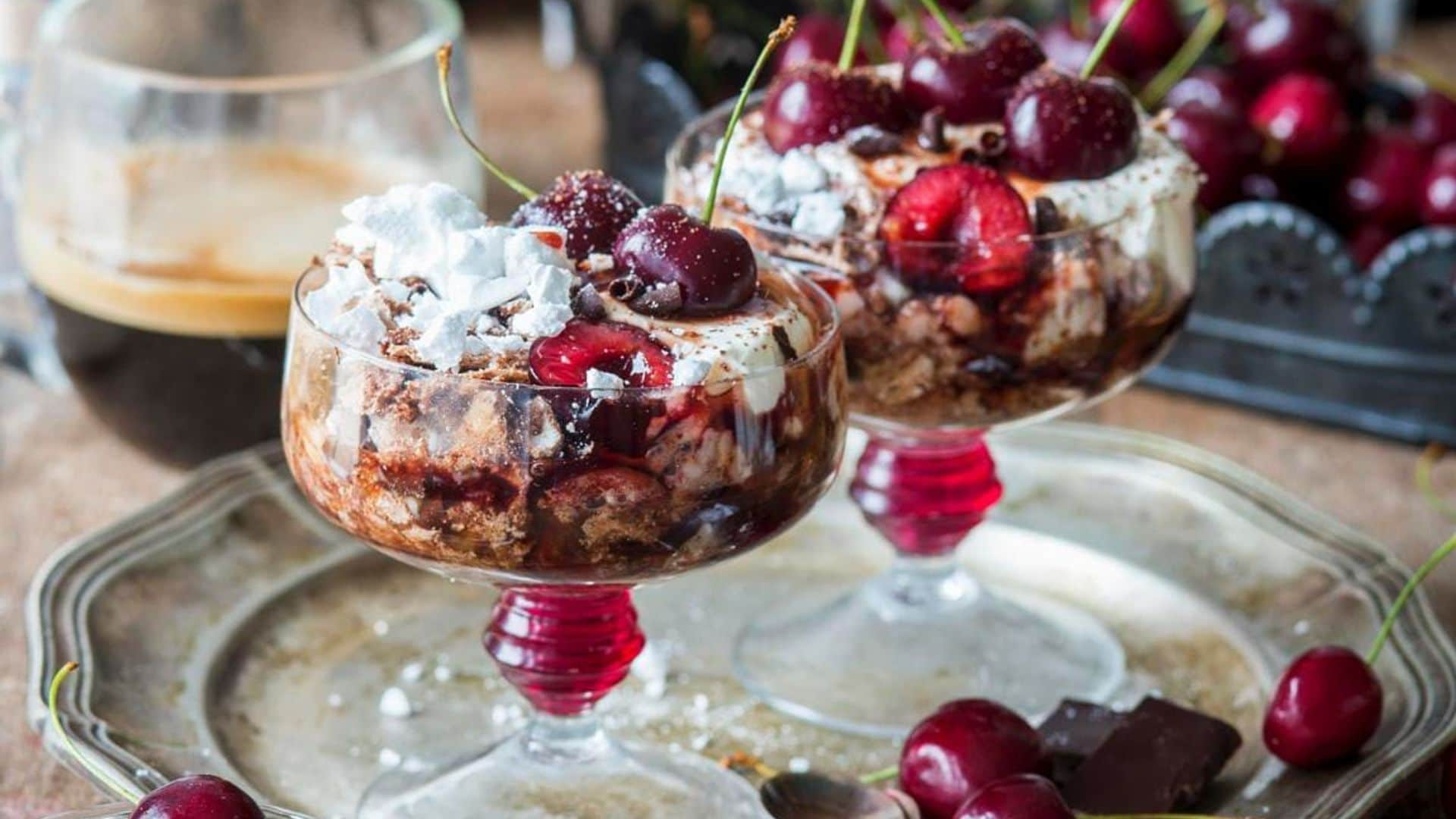 Chocolate meringue dessert with cherries