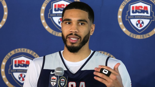 Jayson Tatum, #10 of the 2024 USA Basketball Men's National Team, talks to members of the media after a practice session during the team's training camp at the Mendenhall Center at UNLV on July 08, 2024, in Las Vegas, Nevada. 