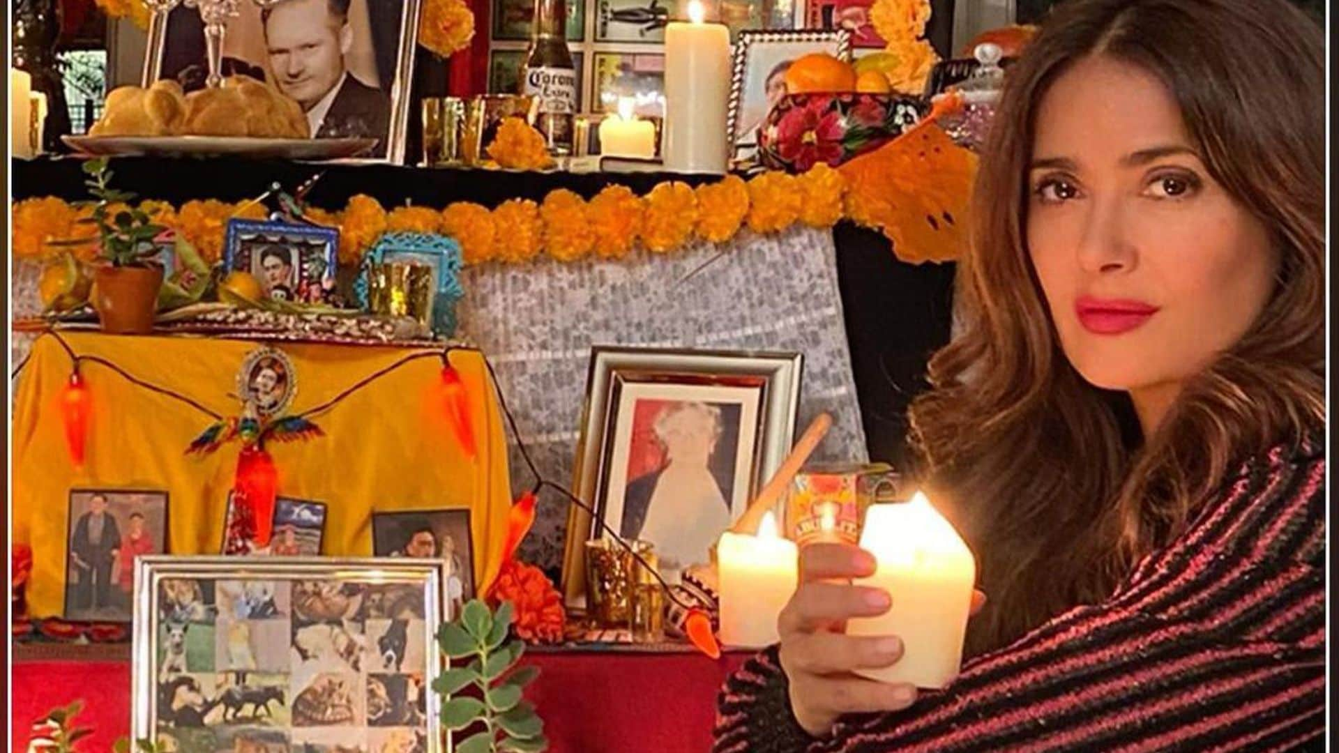 Salma Hayek poses in front of her altar