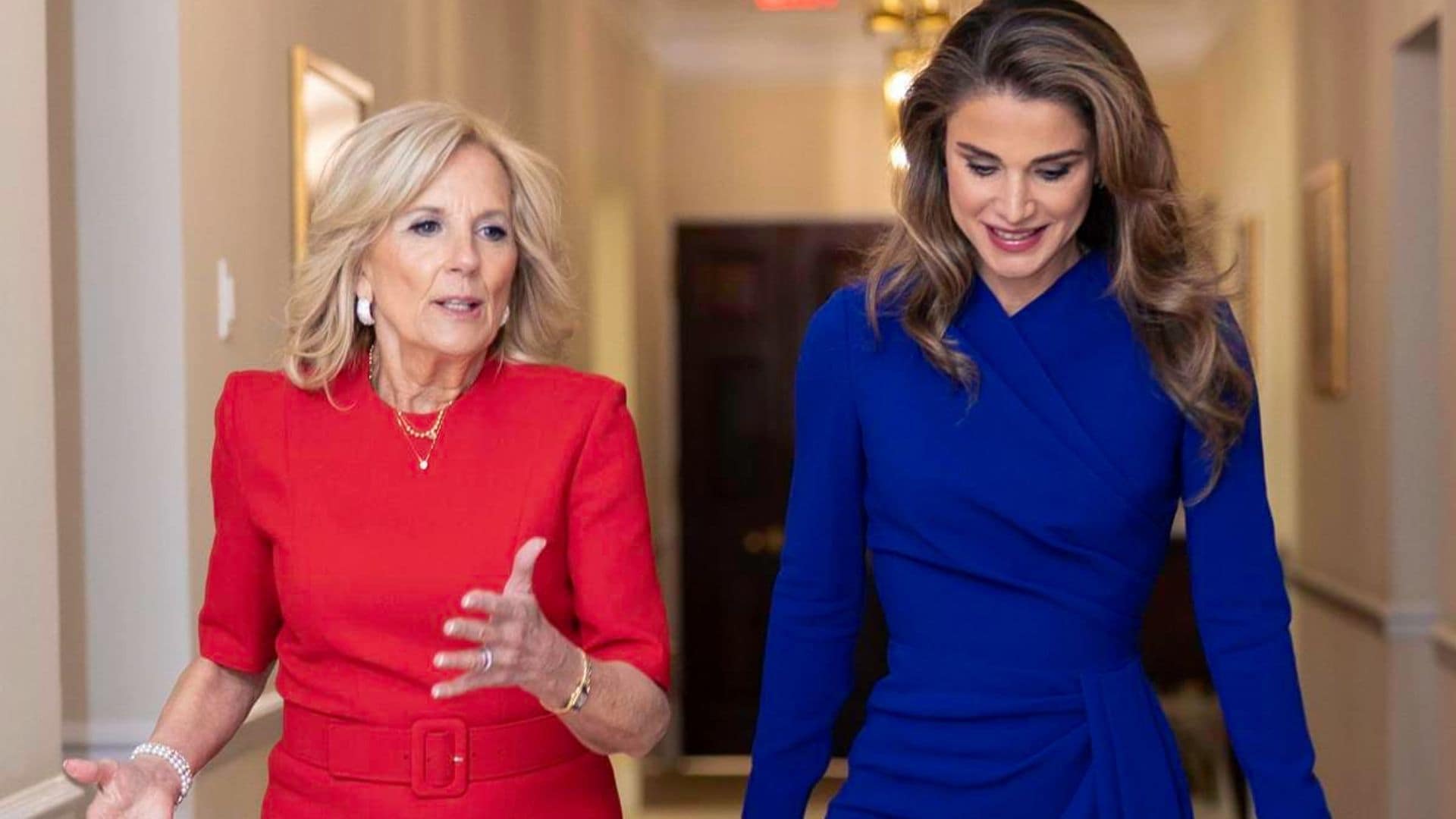 First Lady Dr. Jill Biden and Queen Rania make a stylish pair in red and blue at the White House