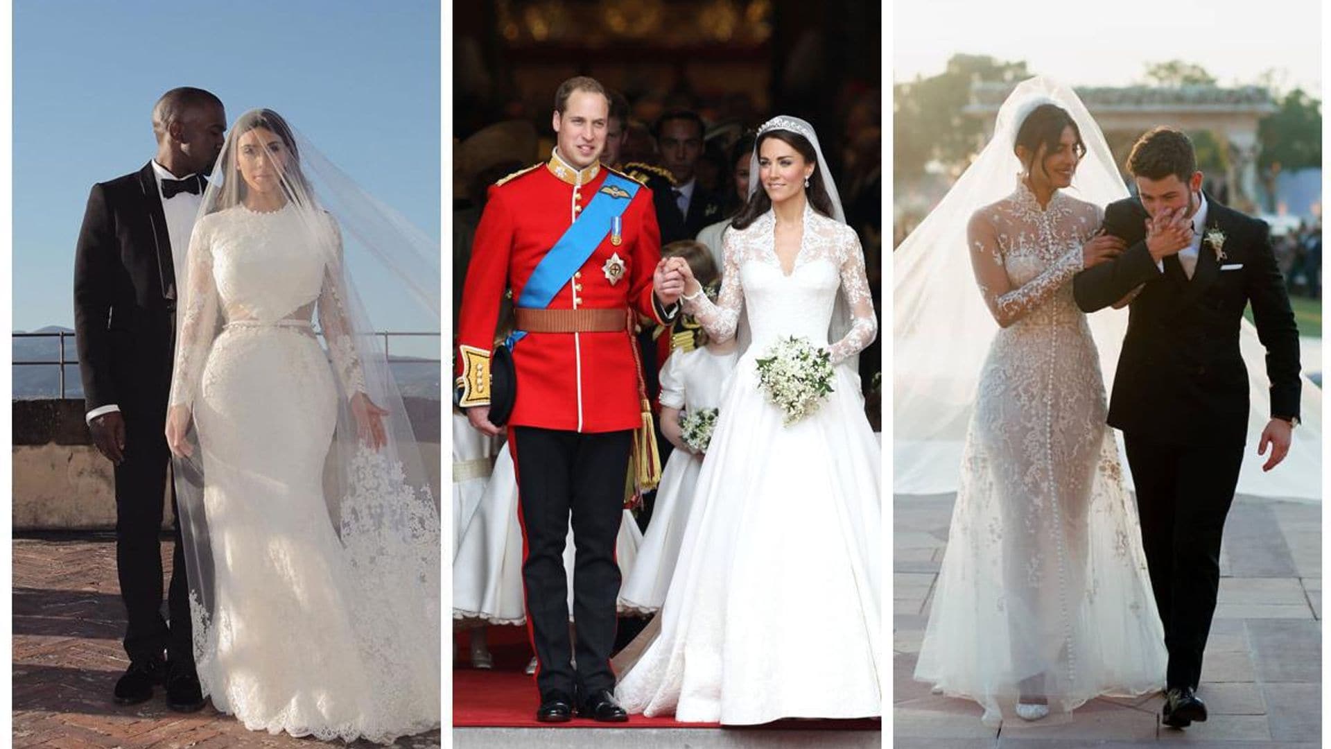 Kim Kardashian, Kate Middleton, and Priyanka Chopra in their wedding dresses