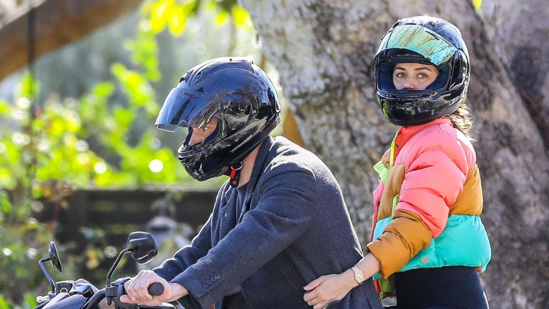 Ana de Armas wore a colorful puffer jacket on the back of Ben Affleck’s motorcycle