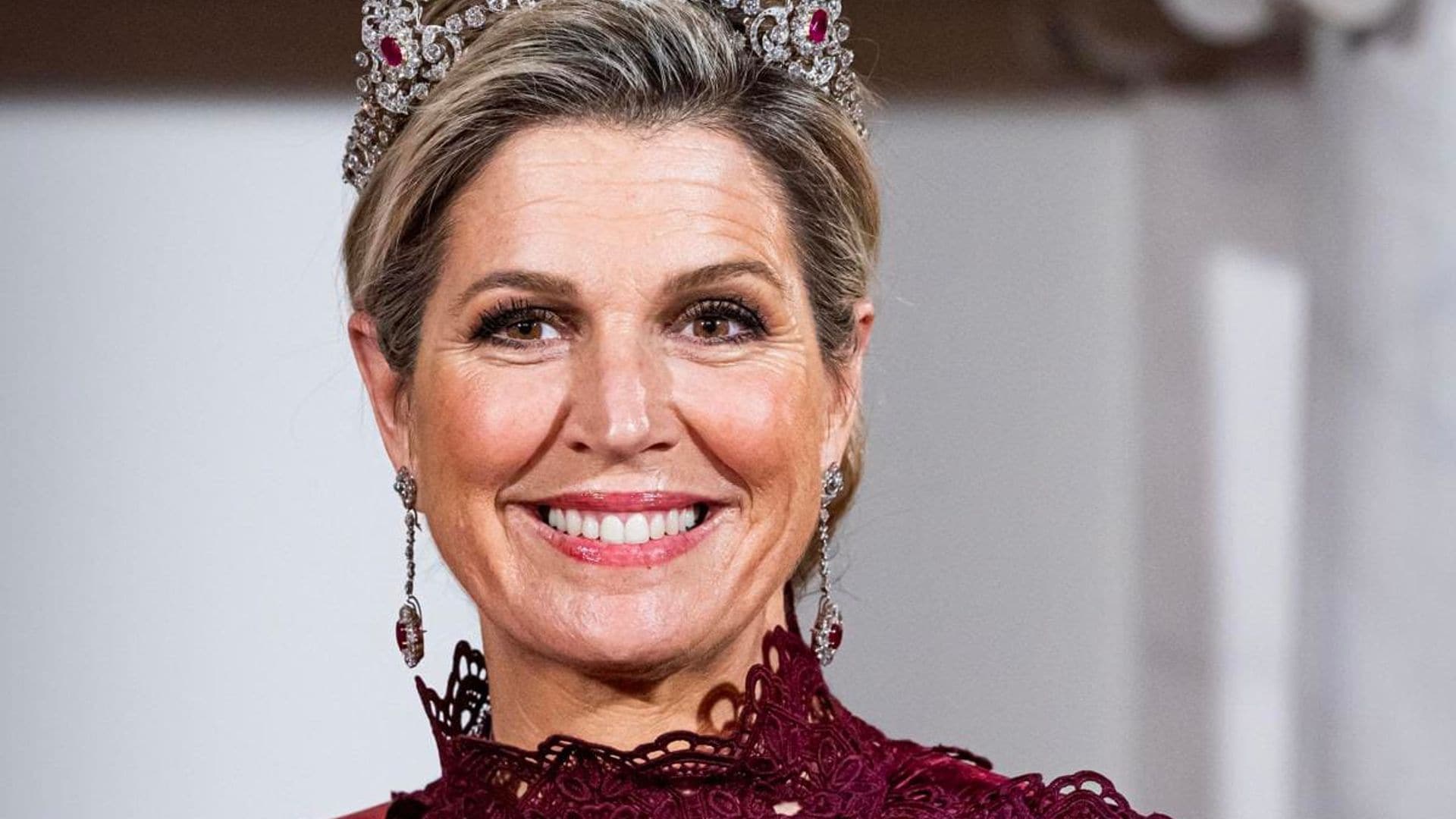 Queen Maxima looks regal in ruby tiara and gown at state banquet