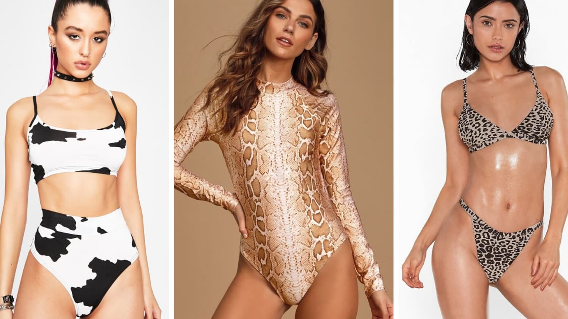 Swimsuits with cow, snake, and leopard print