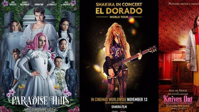 Paradise Hills movie poster, Knives Out movie poster and Shakira In Concert: El Dorado World Tour poster