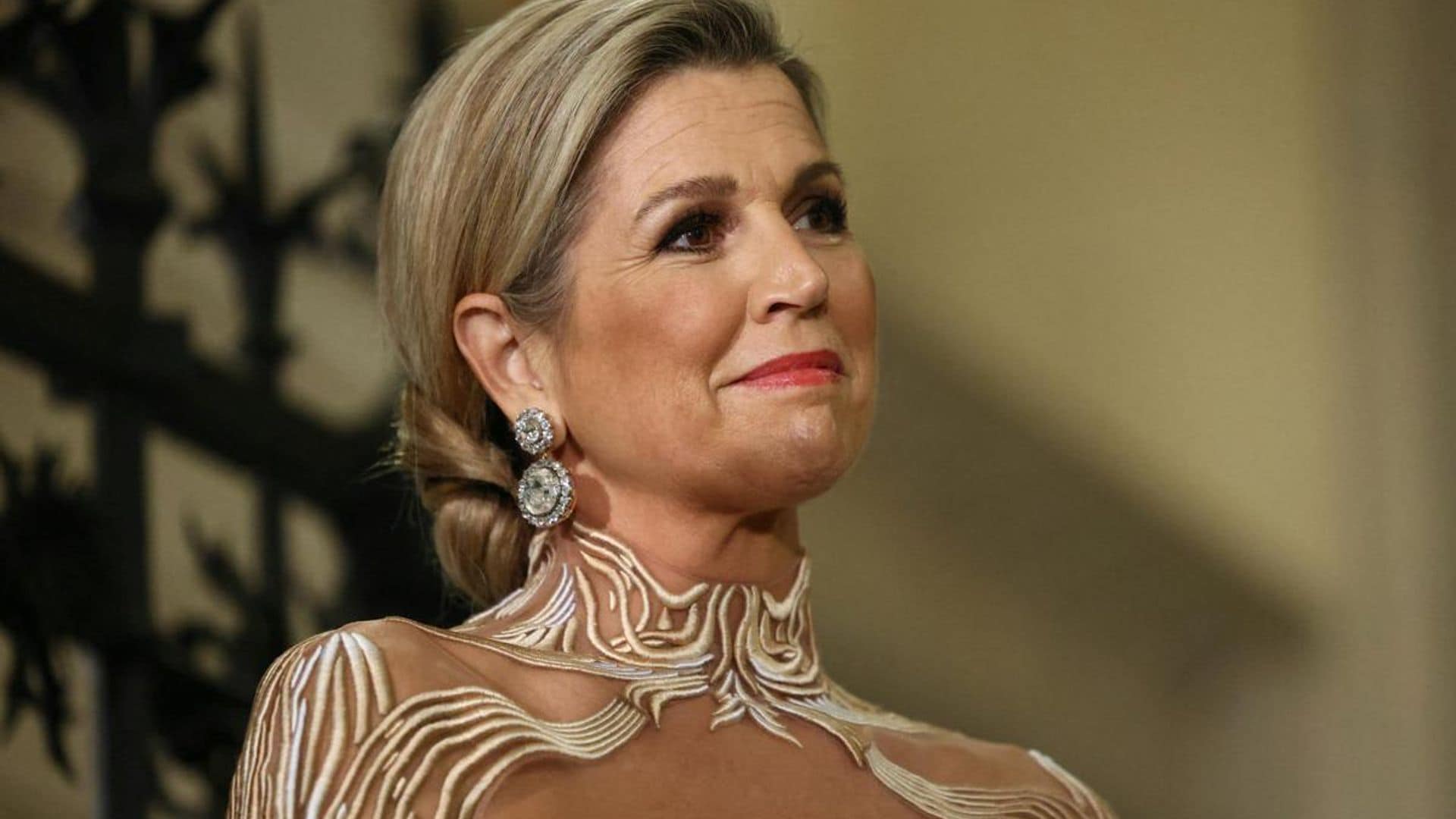 Queen Maxima wows in nude illusion gown in Paris