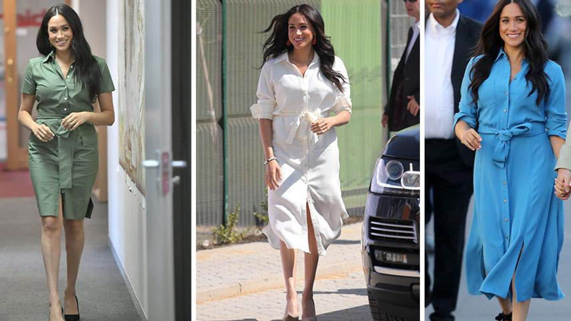 Meghan Markle con vestidos camiseros cortos y de largo midi