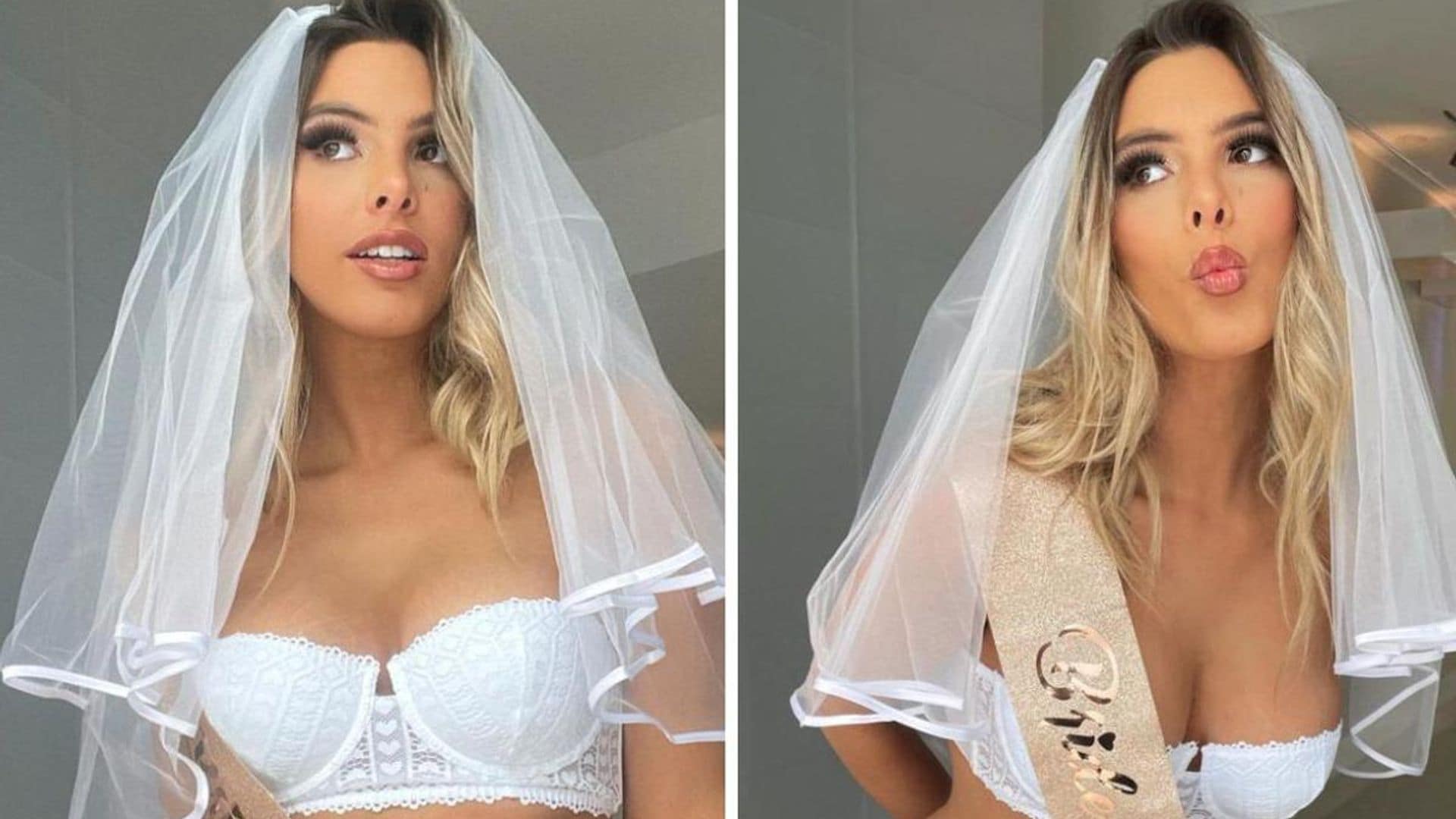 Lele Pons shares a look at her wedding invitation while wearing a bikini and a veil