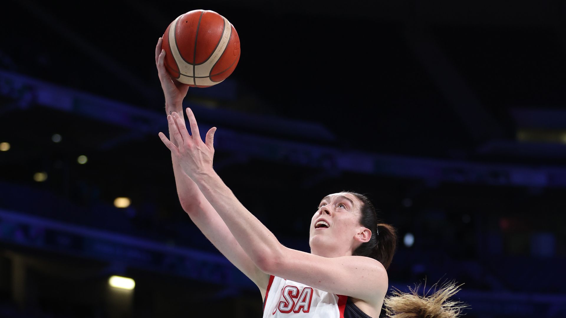 Breanna Stewart #10 of Team United States during the Women's Group Phase - Group C game between Japan and the United States on day three of the Olympic Games Paris 2024 at Stade Pierre Mauroy on July 29, 2024, in Lille, France. (Photo by Gregory Shamus/Getty Images)
