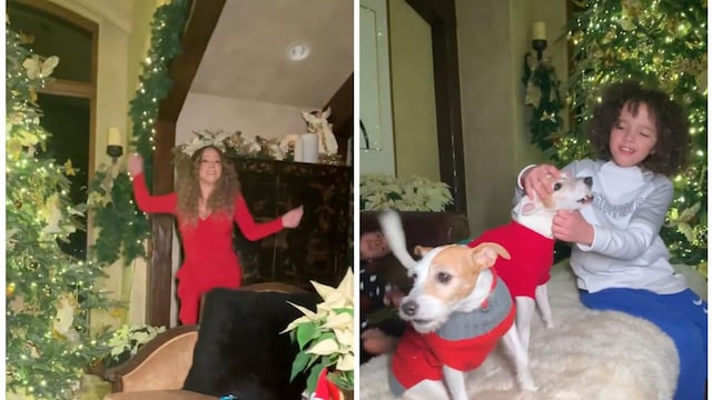 Mariah Carey belts her hit Christmas song alongside her dogs and twins Monroe, Moroccan Cannon