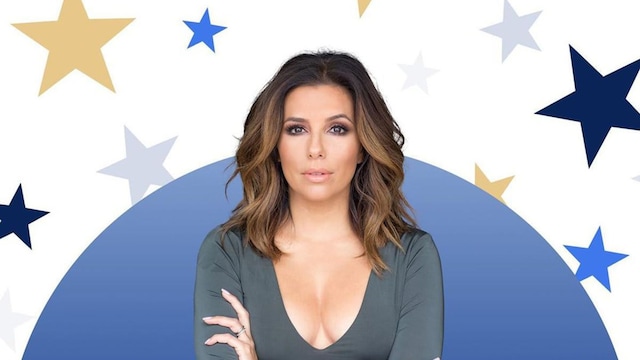 Eva Longoria Instagram post promoting 2021 Latino Inaugural. Wearing grey long sleeve shirt.