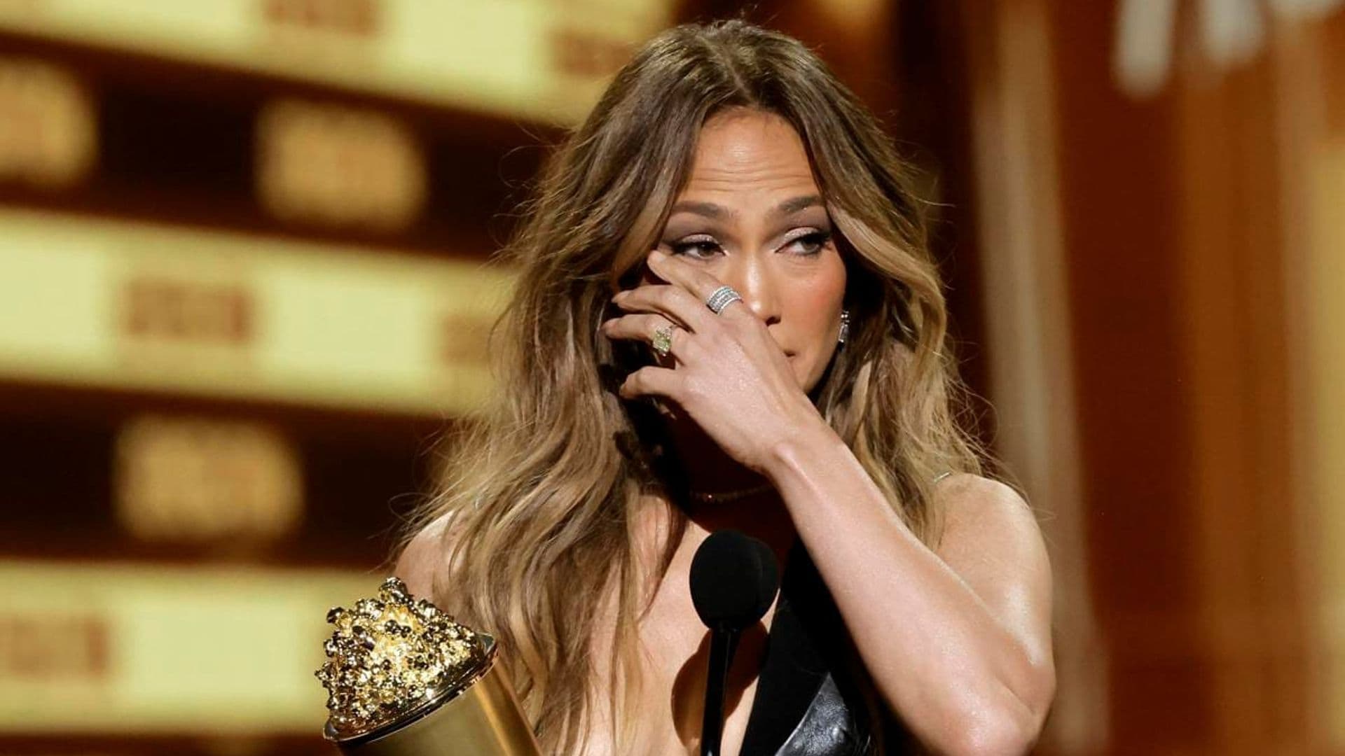 Jennifer Lopez cries while delivering her emotional speech during the 2022 MTV Movie & TV Awards