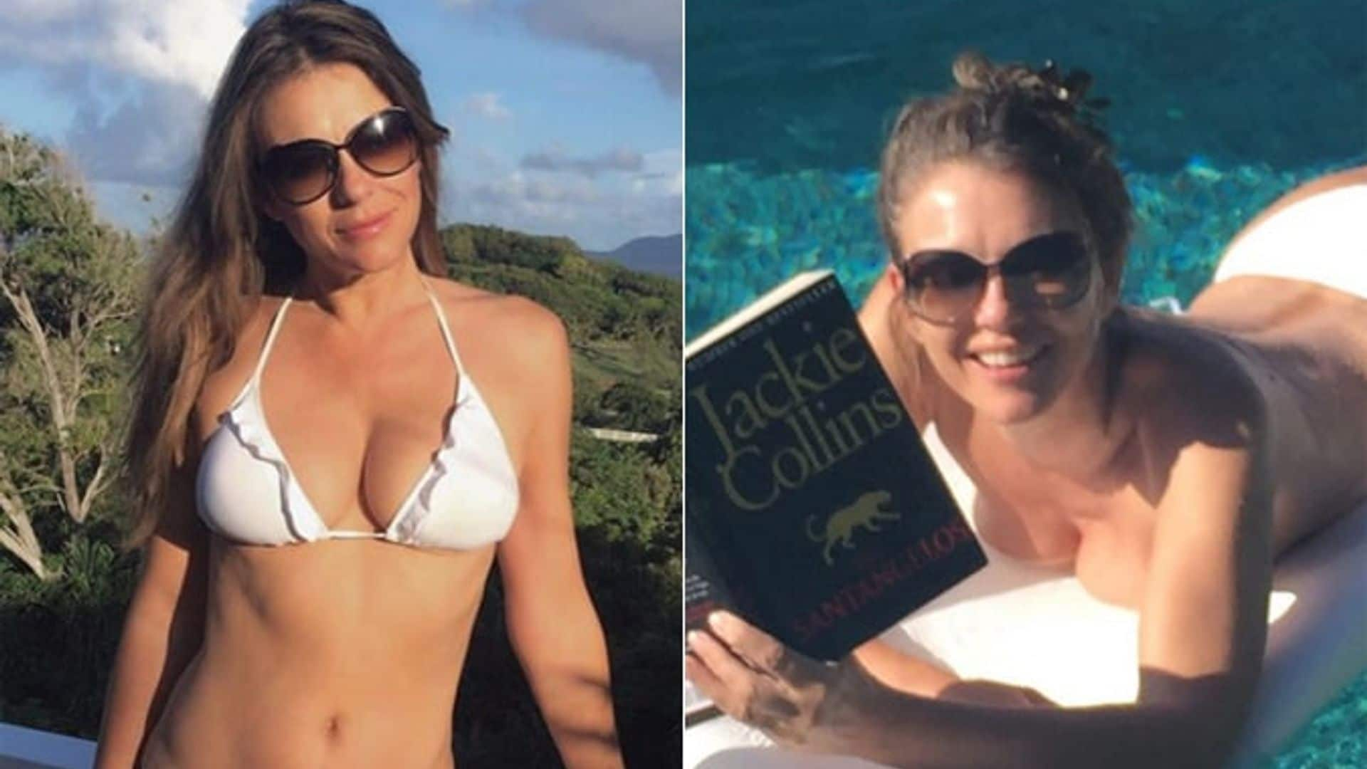 Elizabeth Hurley pays tribute to the late Jackie Collins while on vacation