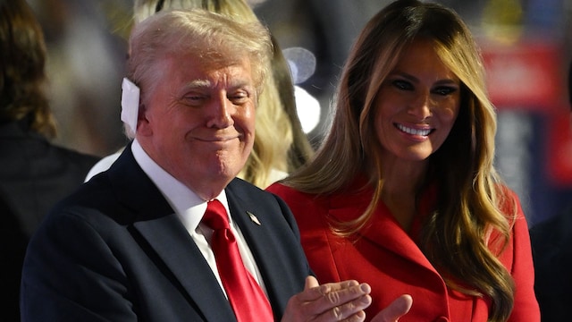 MILWAUKEE, WISCONSIN - JULY 18: Former first lady Melania Trump joins Republican presidential nominee, former U.S. President Donald Trump on stage after he officially accepted the Republican presidential nomination on the fourth day of the Republican National Convention at the Fiserv Forum on July 18, 2024 in Milwaukee, Wisconsin. Delegates, politicians, and the Republican faithful are in Milwaukee for the annual convention, concluding with former President Donald Trump accepting his party's presidential nomination. The RNC takes place from July 15-18. (Photo by Leon Neal/Getty Images)