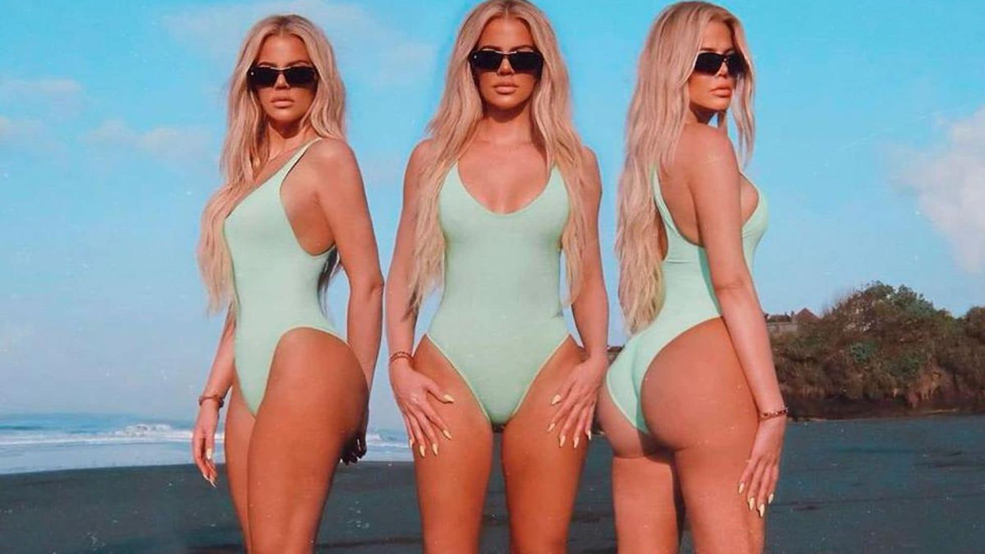 Khloe Kardashian in a mint green bathing suit
