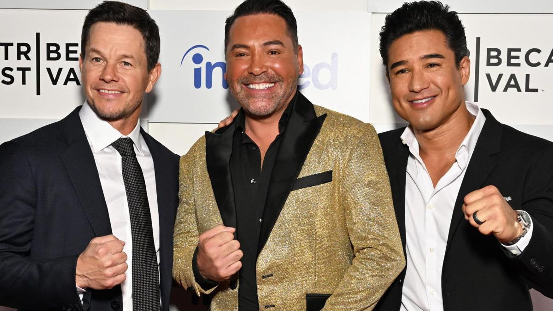 Oscar De La Hoya poses with Mark Wahlberg and Mario Lopez at ‘The Golden Boy’ world premiere at Tribeca