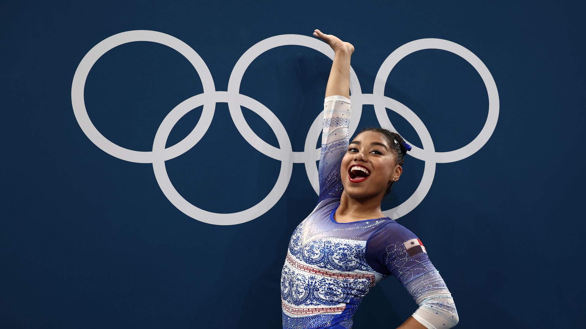 Hillary Heron of Team Panama poses for a photo with the Olympic Rings during the Artistic Gymnastics Women's Qualification on day two of the Olympic Games Paris 2024 at Bercy Arena on July 28, 2024, in Paris, France. 