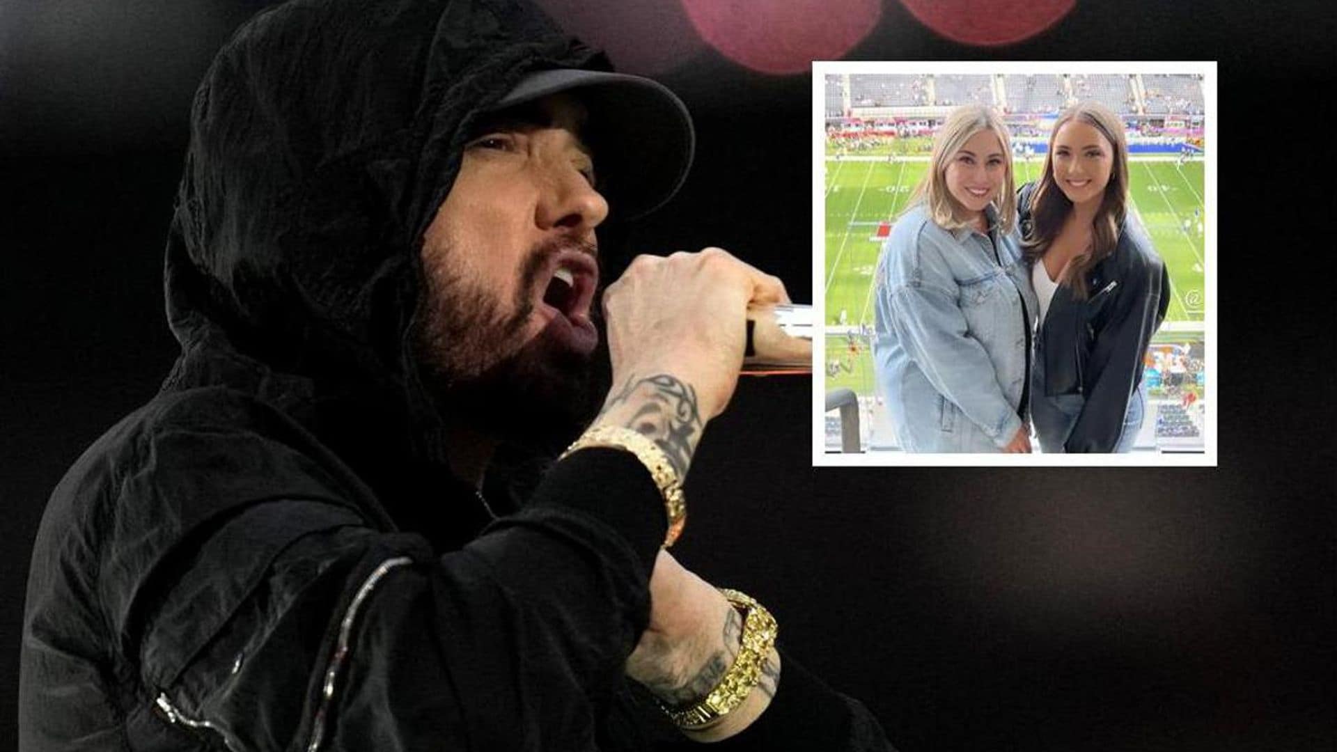 Eminem’s daughters Hailie and Alaina support their father as he takes a knee during Super Bowl Halftime Show