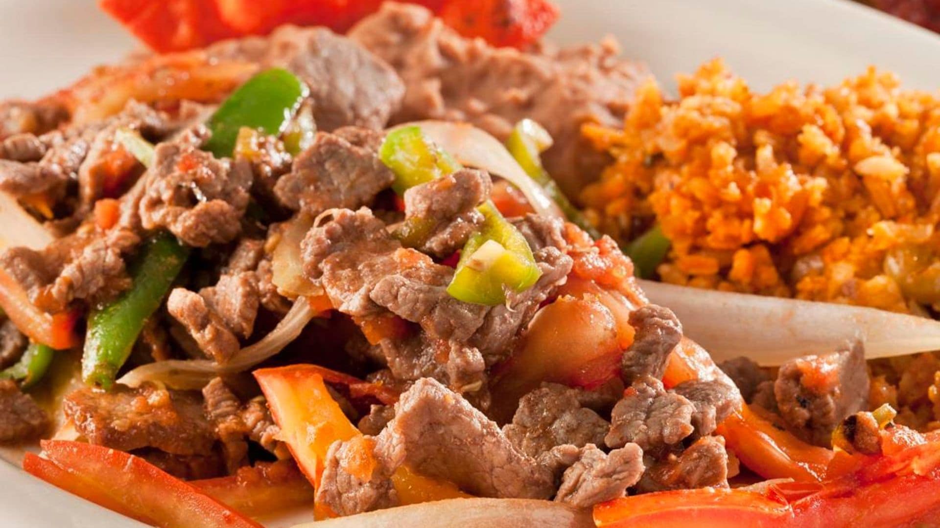 Mexican Stew,Beef and Vegetables Plate,Mexican Rice,Refried Beans,Tex Mex Food