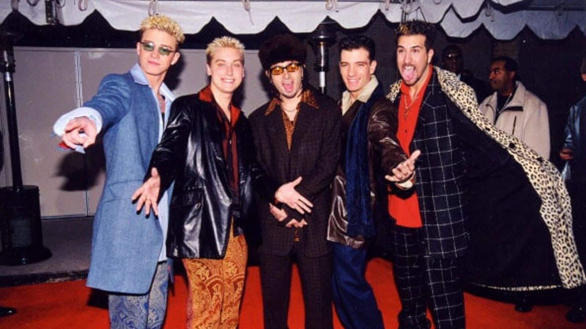 *NSync and in style! Justin (his frosted tips) and his former bandmates Lance Bass, Chris Kirkpatrick, JC Chasez and Joey Fatone rocked funky suits during the Billboard Music Awards in December 1998 in L.A.
<br>
Photo: Getty Images
