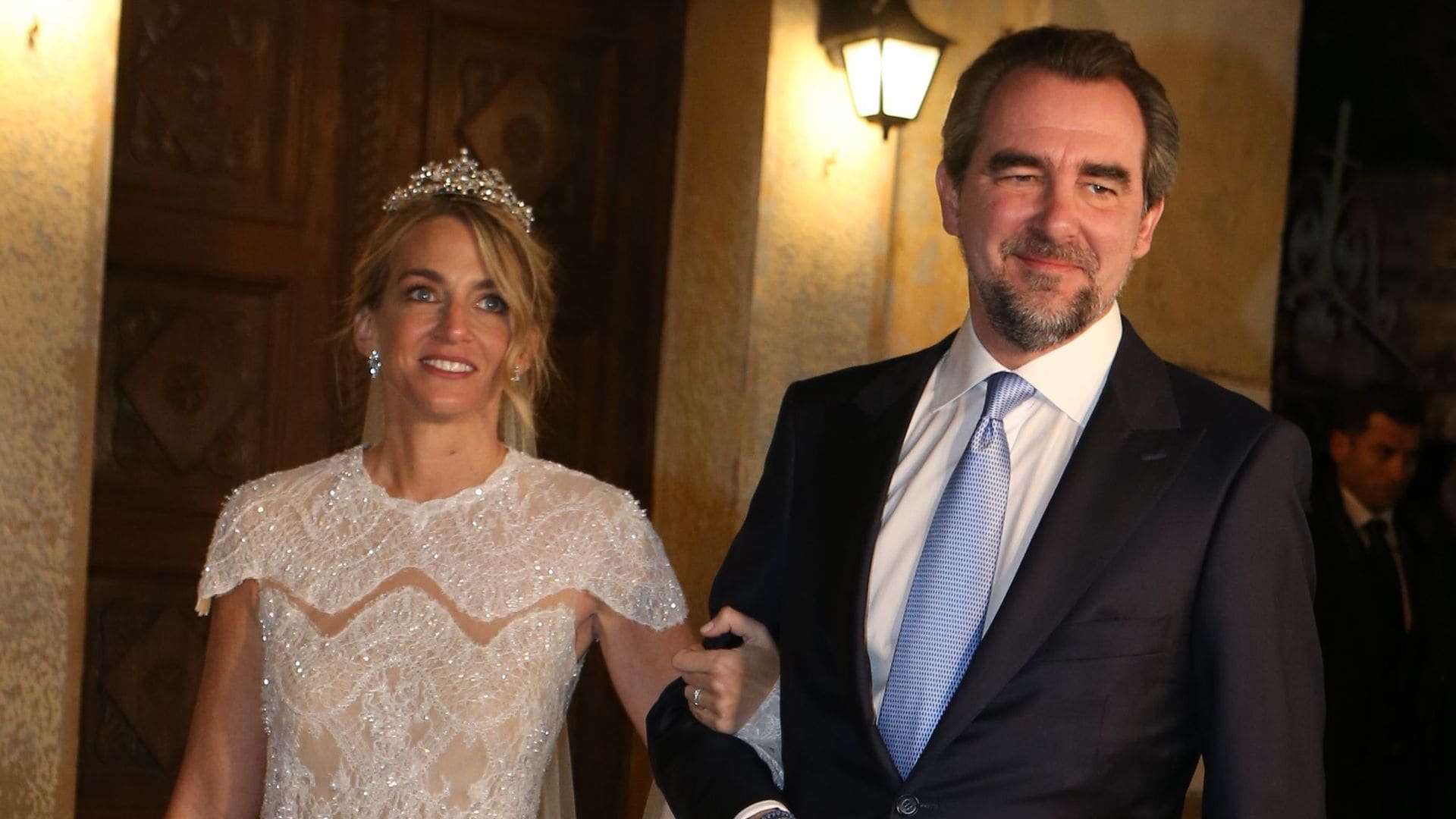 Prince Nikolaos' bride Chrysi Vardinogianni stuns in custom gown and tiara: All the details on her wedding dress