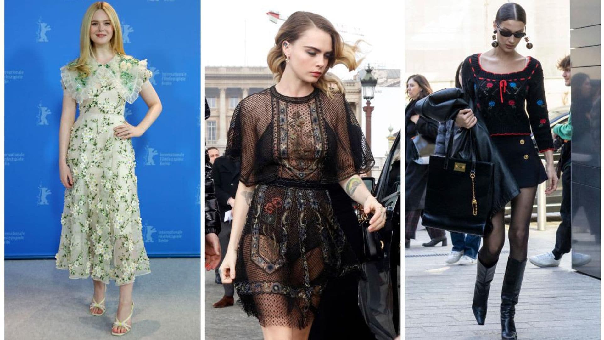 Elle Fanning, Cara Delevingne, and Bella Hadid in floral-print designs by Rodarte, Dior, and Versace, respectively