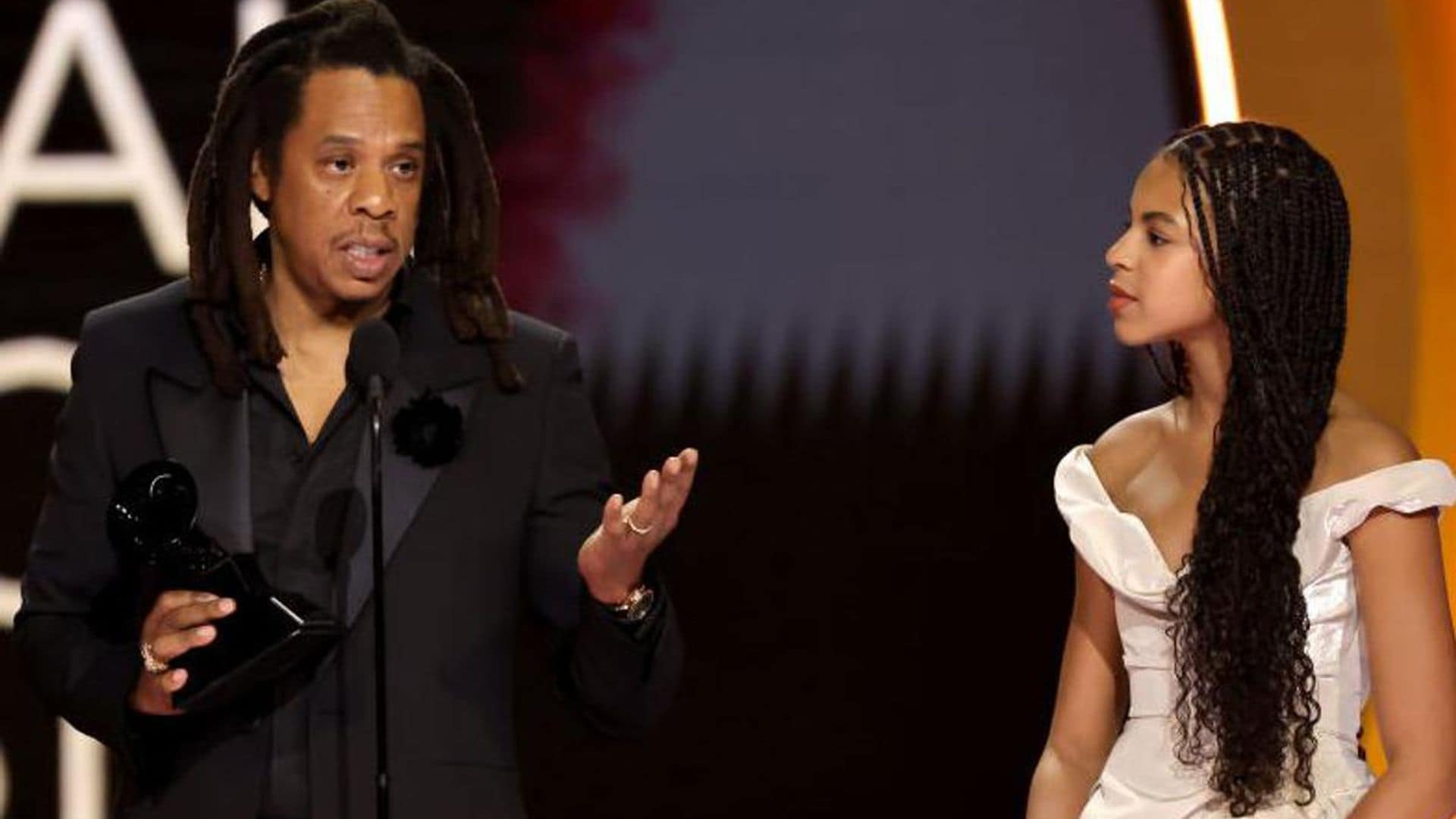 Blue Ivy joined Jay-Z on the Grammys stage in a white princess dress