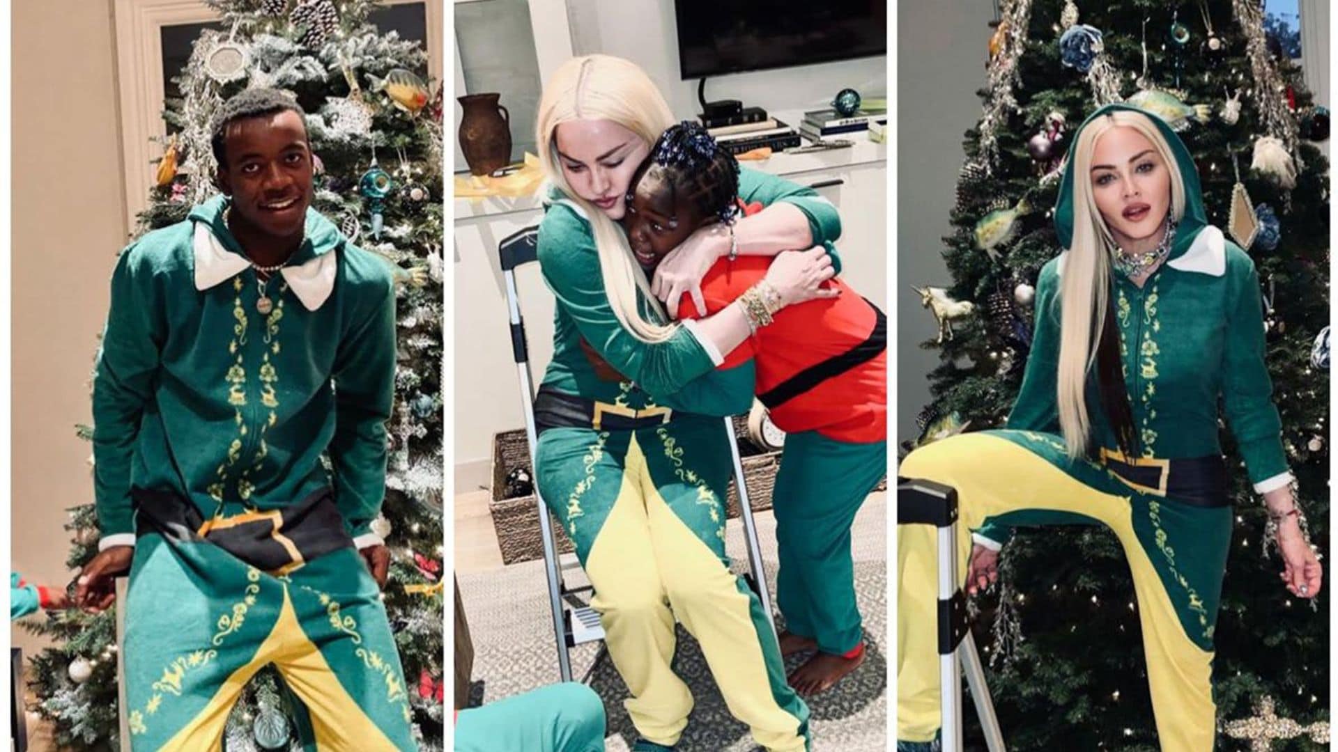 Madonna, her boyfriend, and some of her kids gather around the Christmas tree in festive pajamas