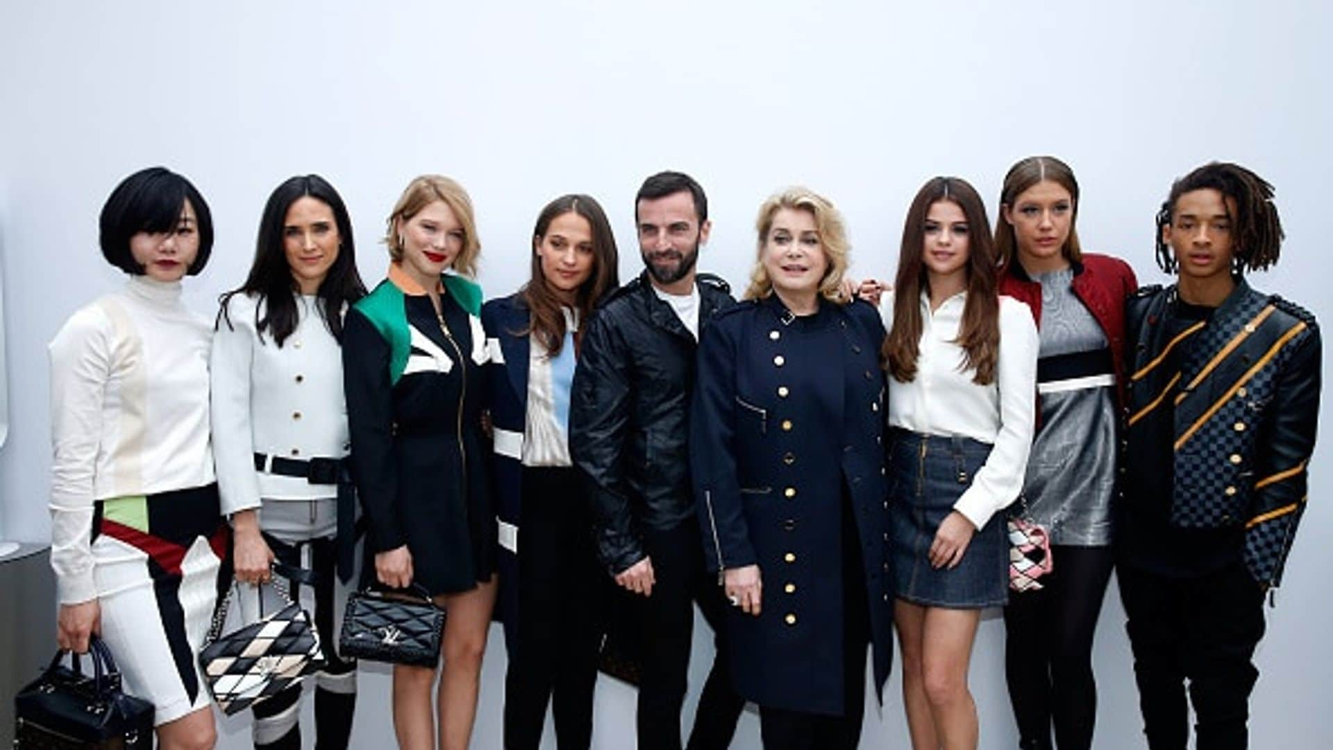 Nicolas and his stars! (From left: Bae Doona, Jennifer Connelly, Lea Seydoux, Alicia Vikander, stylist Nicolas Ghesquiere, Catherine Deneuve, Selena Gomez, Adele Exarchopoulos and Jaden Smith pose backstage after the Louis Vuitton show.
<br>
Photo: Getty Images