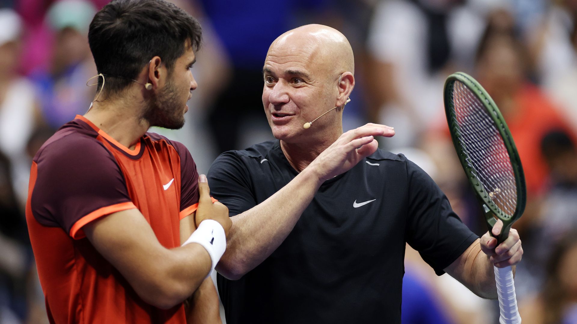 Andre Agassi cheers on Carlos Alcaraz on exhibition match against Novak Djokovic; 'Hit it, man!'