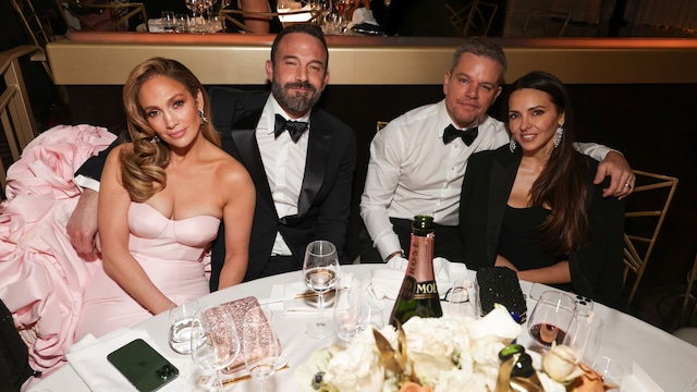 Jennifer Lopez, Ben Affleck, Matt Damon, and Luciana Damon at the 81st Annual Golden Globe Awards, airing live from the Beverly Hilton in Beverly Hills, California, on Sunday, January 7, 2024, at 8 PM ET/5 PM PT, on CBS and streaming on Paramount+. Photo: Todd Williamson/CBS via Getty Images)