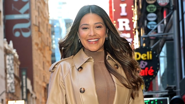 Gina Rodriguez is seen arriving to the 'Good Morning America' Show on February 19, 2024 in New York City.  (Photo by Jose Perez/Bauer-Griffin/GC Images)