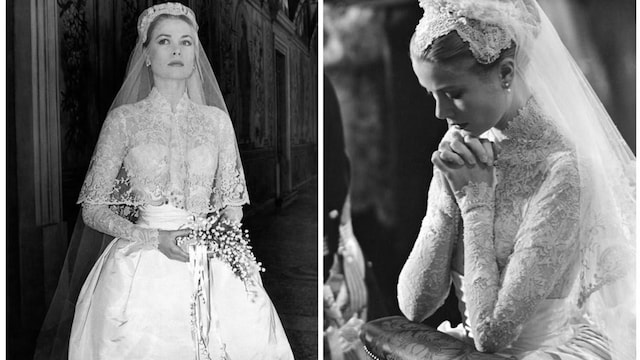 Principess Grace Kelly in her wedding dress at Prince's Palace