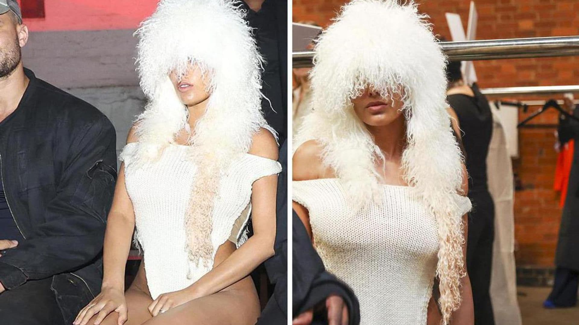 Bianca Censori shows off her curves in high-cut bodysuit and fluffy headpiece at London Fashion Week