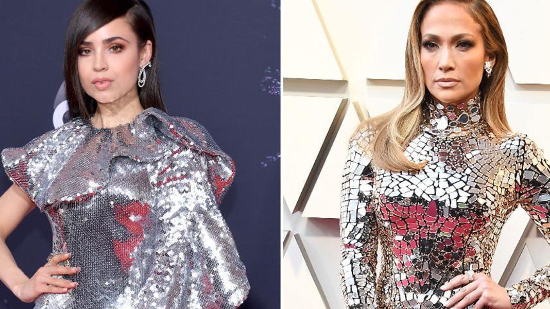 Sofia Carson takes a page out of Jennifer Lopez's red carpet look with silver mirror dress