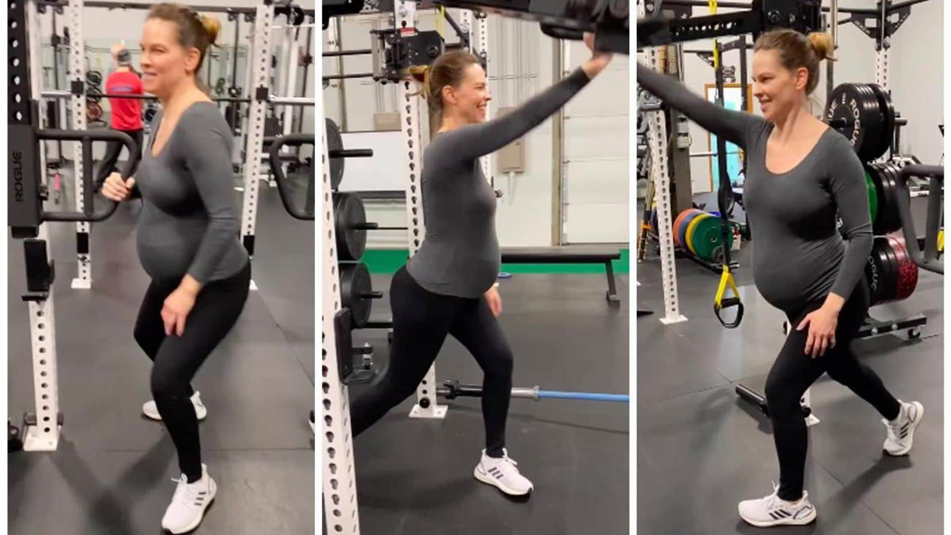 Hilary Swank shows off her hard work in the gym while pregnant with twins