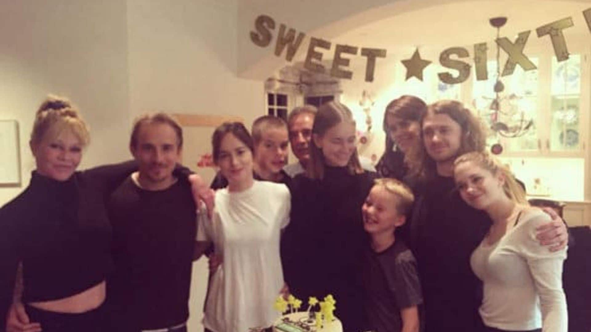 Melanie, left, with the gang, including daughters Dakota Johnson, second from left, and Stella Banderas, far right.
<br>
Photo: Instagram/@melaniegriffith