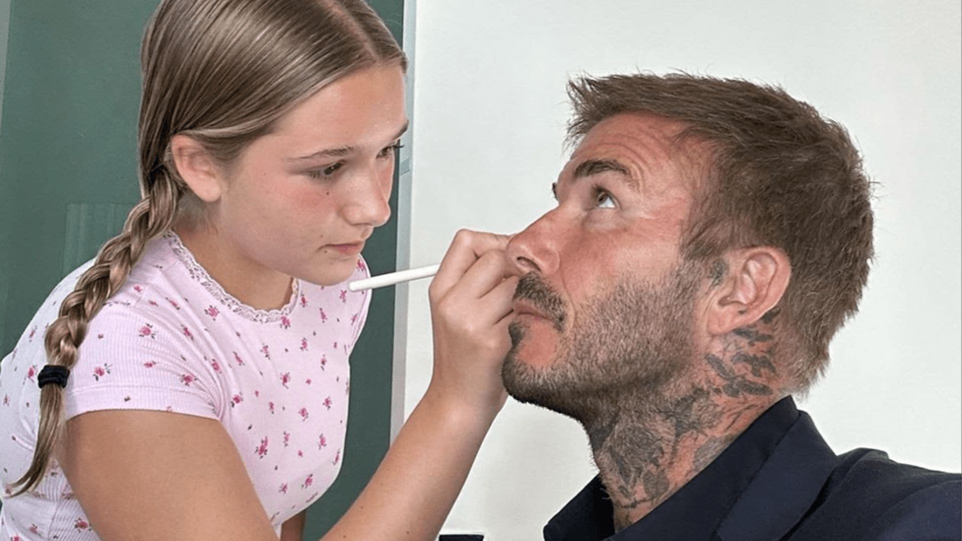 Harper Beckham tests her makeup skills on dad David Beckham: ‘a little contouring’