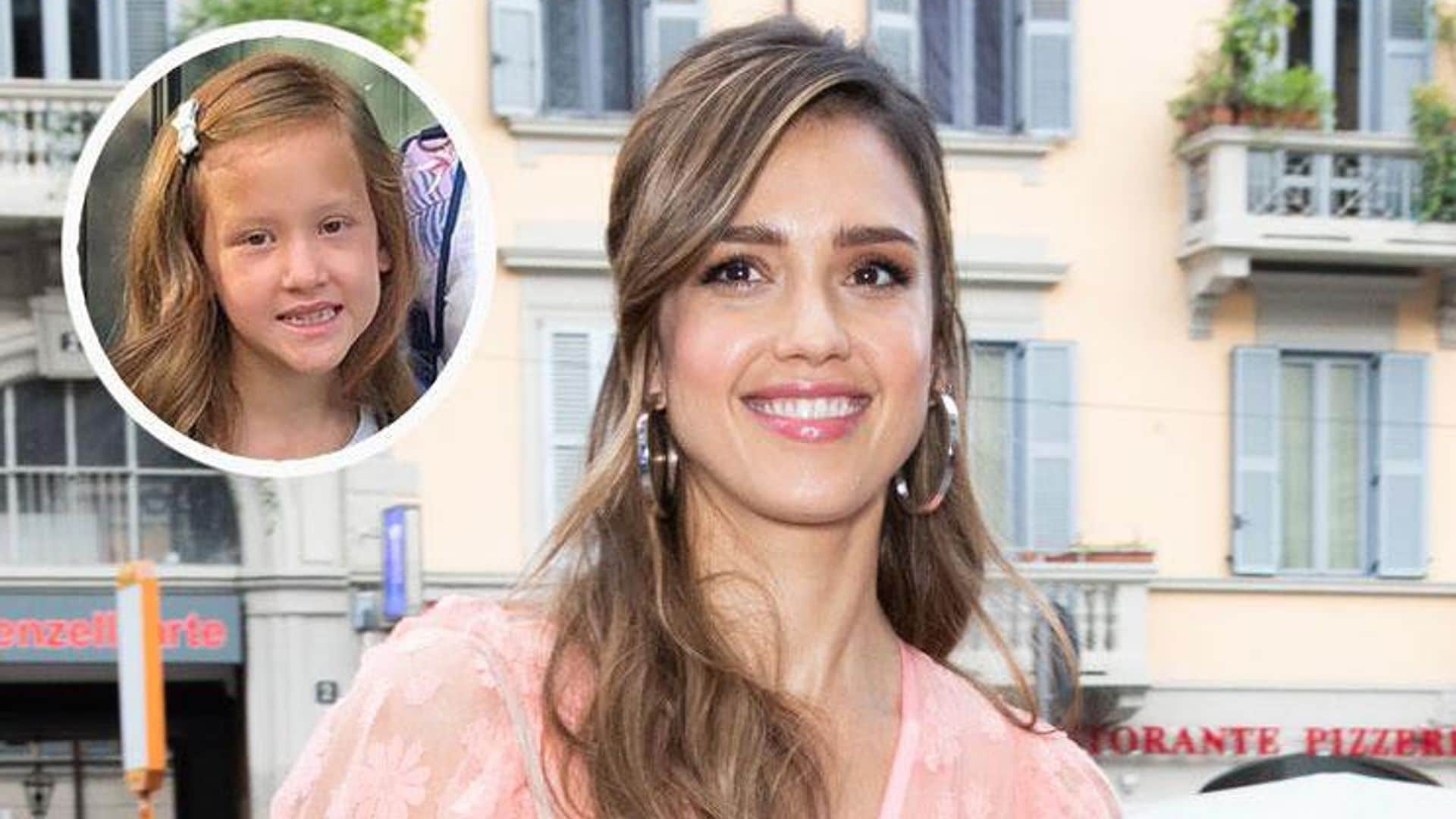 Jessica Alba and her daughter stretch it out in a mother-daughter workout session