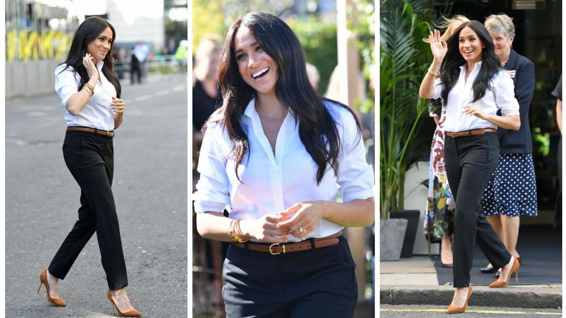 Meghan Markle con camisa blanca, pantalon negro y pumps marrones