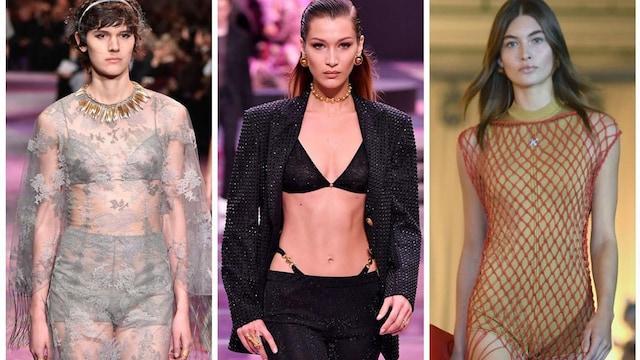 Photo collage with lingerie designs by Dior, Versace, and Off-White