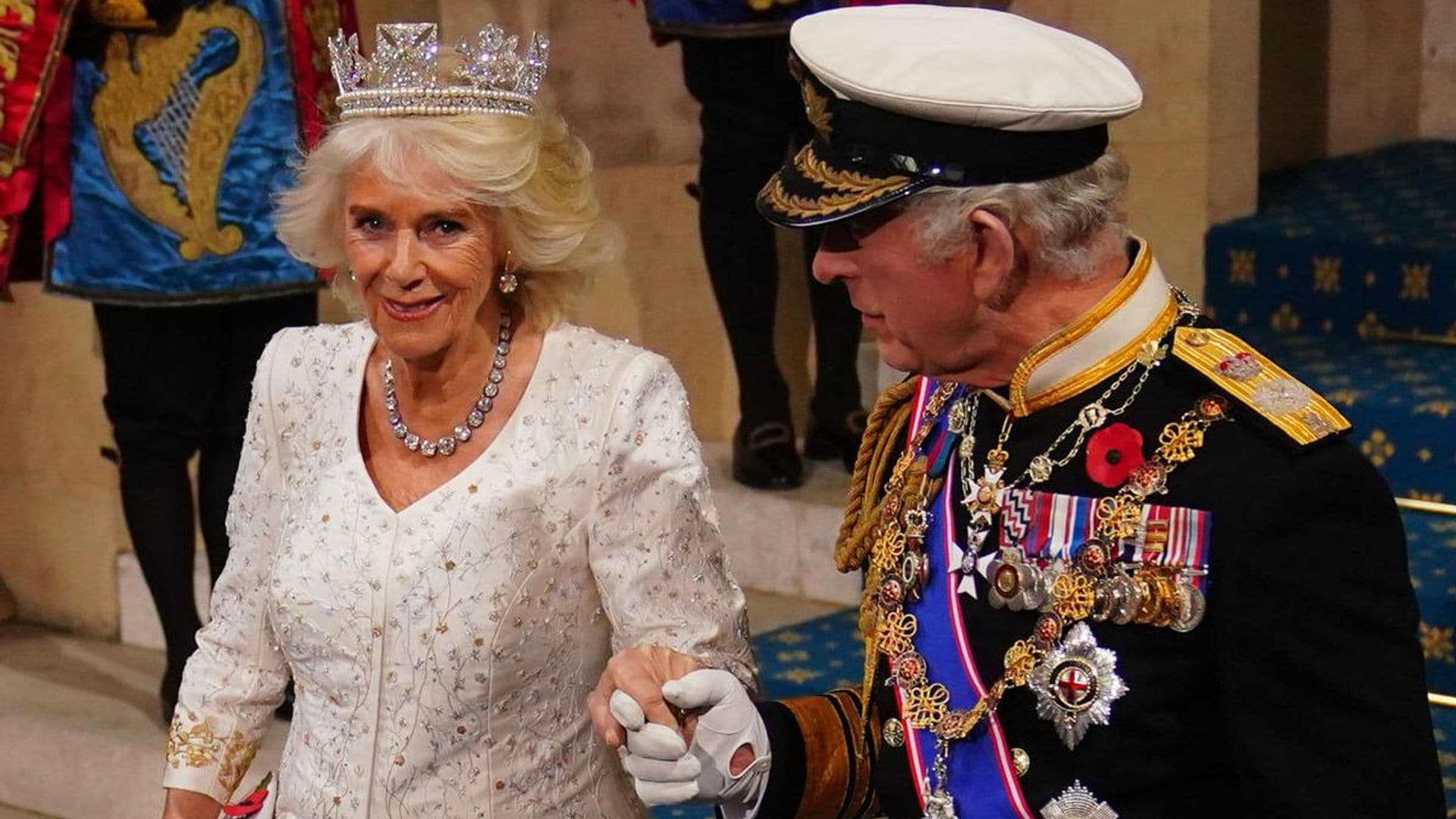 Queen Camilla rewears her coronation gown with the Diamond Diadem