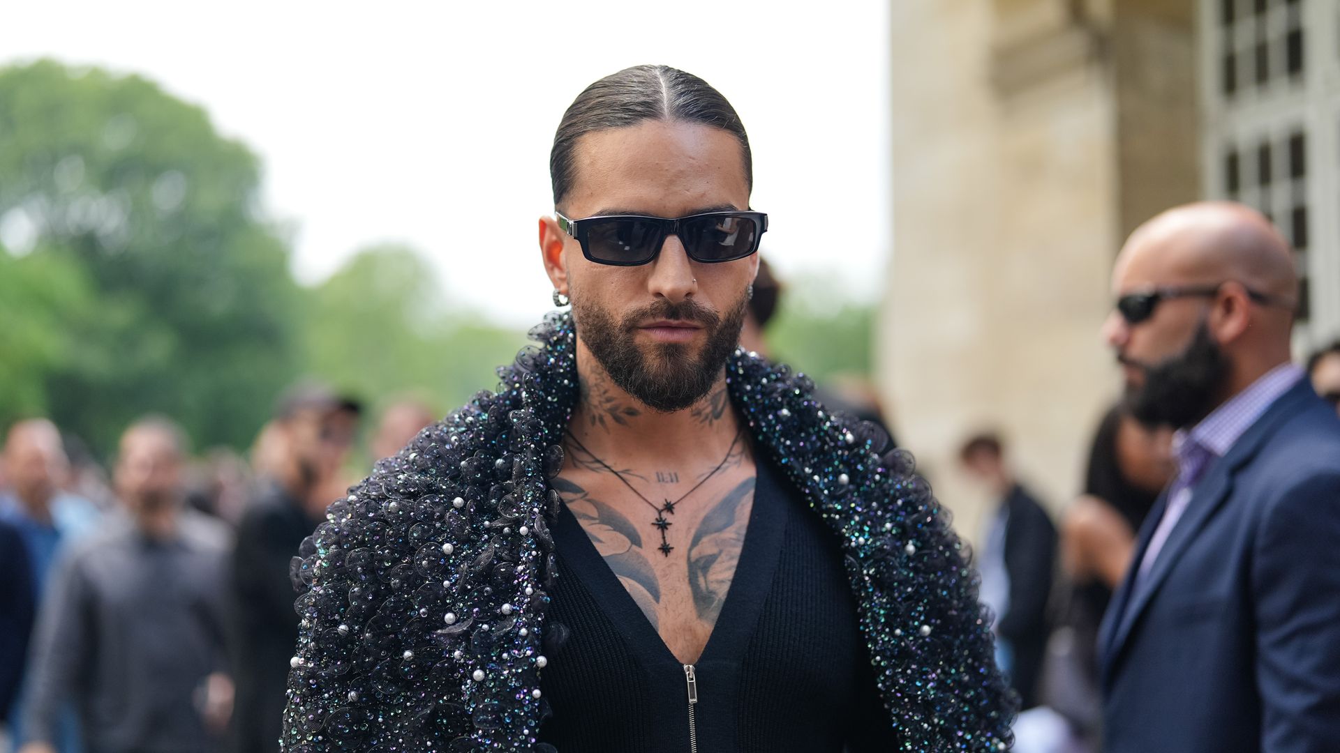 Maluma is seen outside Dior during Paris Fashion Week Menswear Spring/Summer 2025, which took place on June 21, 2024, in Paris, France. 