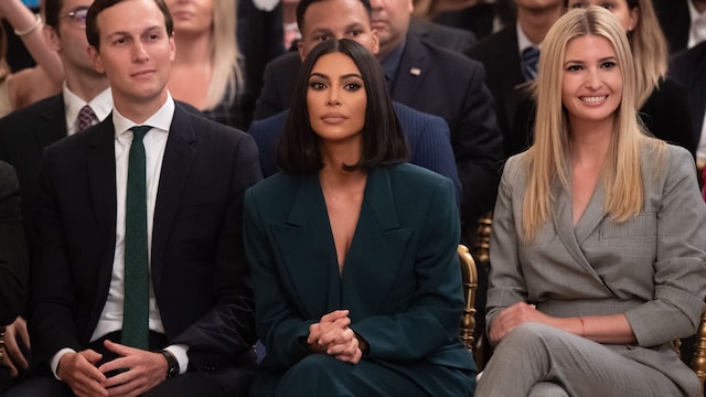 Kim Kardashian, Ivanka Trump, and Jared Kushner listen as US President Donald Trump speaks about second-chance hiring and criminal justice reform in the East Room of the White House in Washington, DC, on June 13, 2019. 