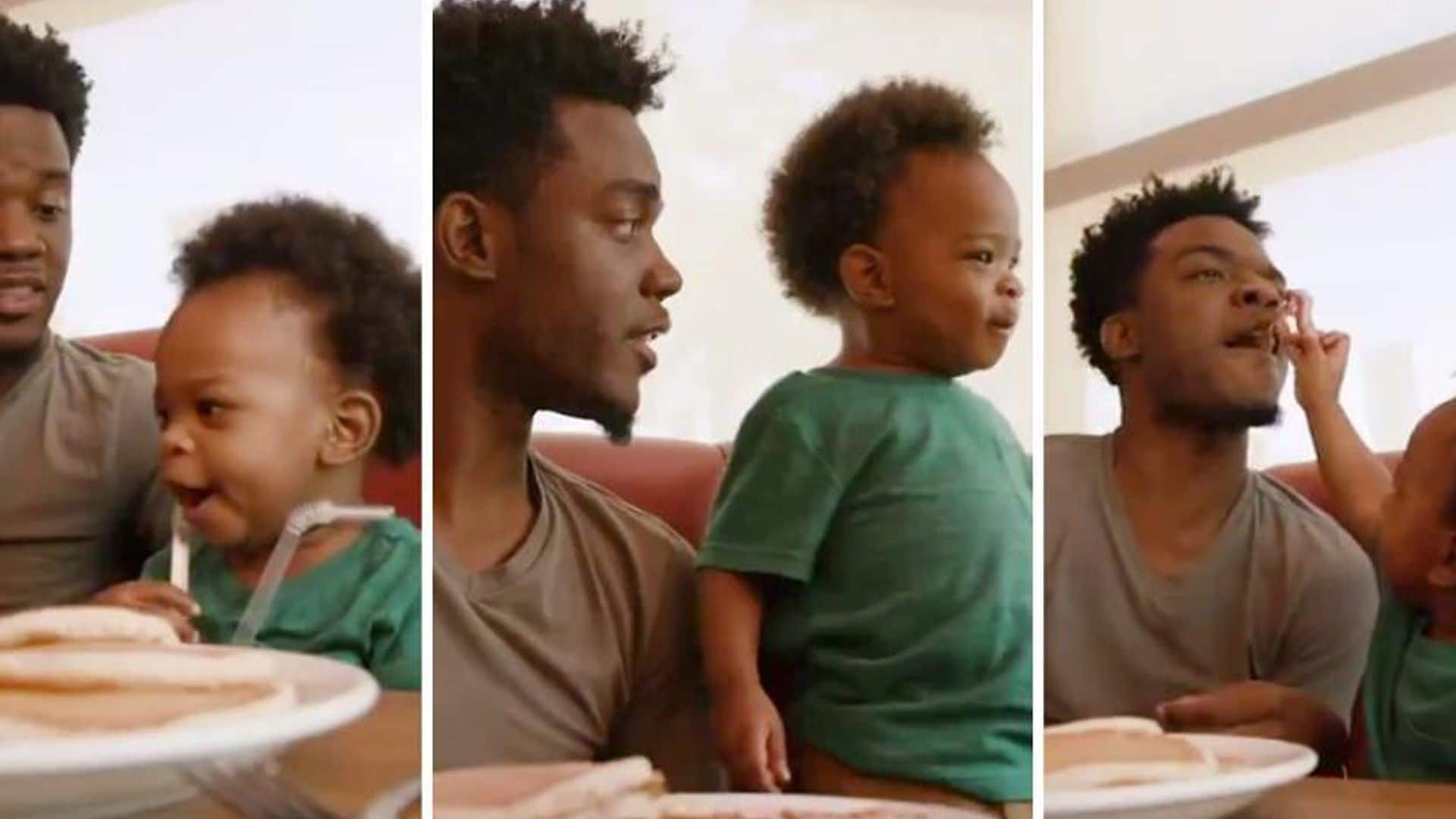 A star is born: Watch - Viral dad and baby talking on couch land adorable Dennys ad