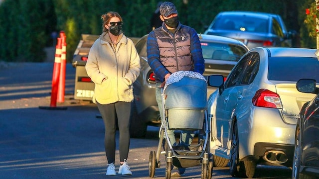 Chris Pratt and Katherine Schwarzenegger stroll with baby