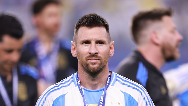  Lionel Messi of Argentina celebrates following the team's victory during the CONMEBOL Copa America 2024 Final match between Argentina and Colombia at Hard Rock Stadium on July 15, 2024, in Miami Gardens, Florida. (Photo by Carmen Mandato/Getty Images)